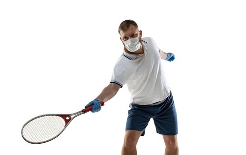 Sportsman in protective mask, coronavirus treatment illustration